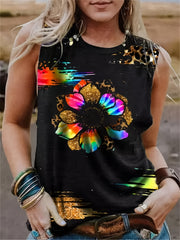 Leopard Flower Print Tank Top Crew Neck Sleeveless Tank Top Women's Clothing