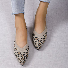 Leopard Pattern Knit Flat Shoes Pointed Toe Slip On Ballet Shoes