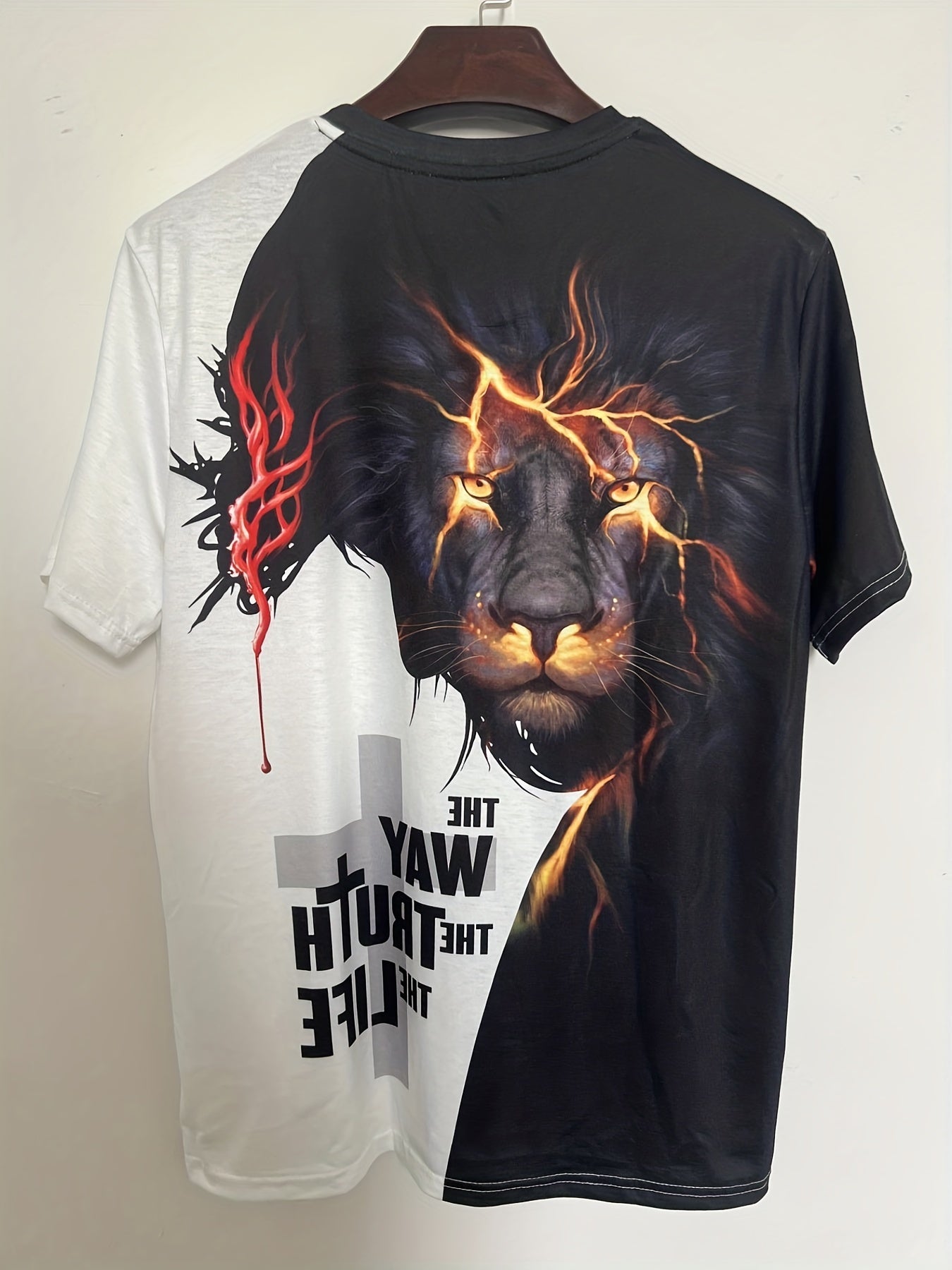 Men's 3D Lion & Cross Graphic Print T-shirt - Casual Crew Neck Tee