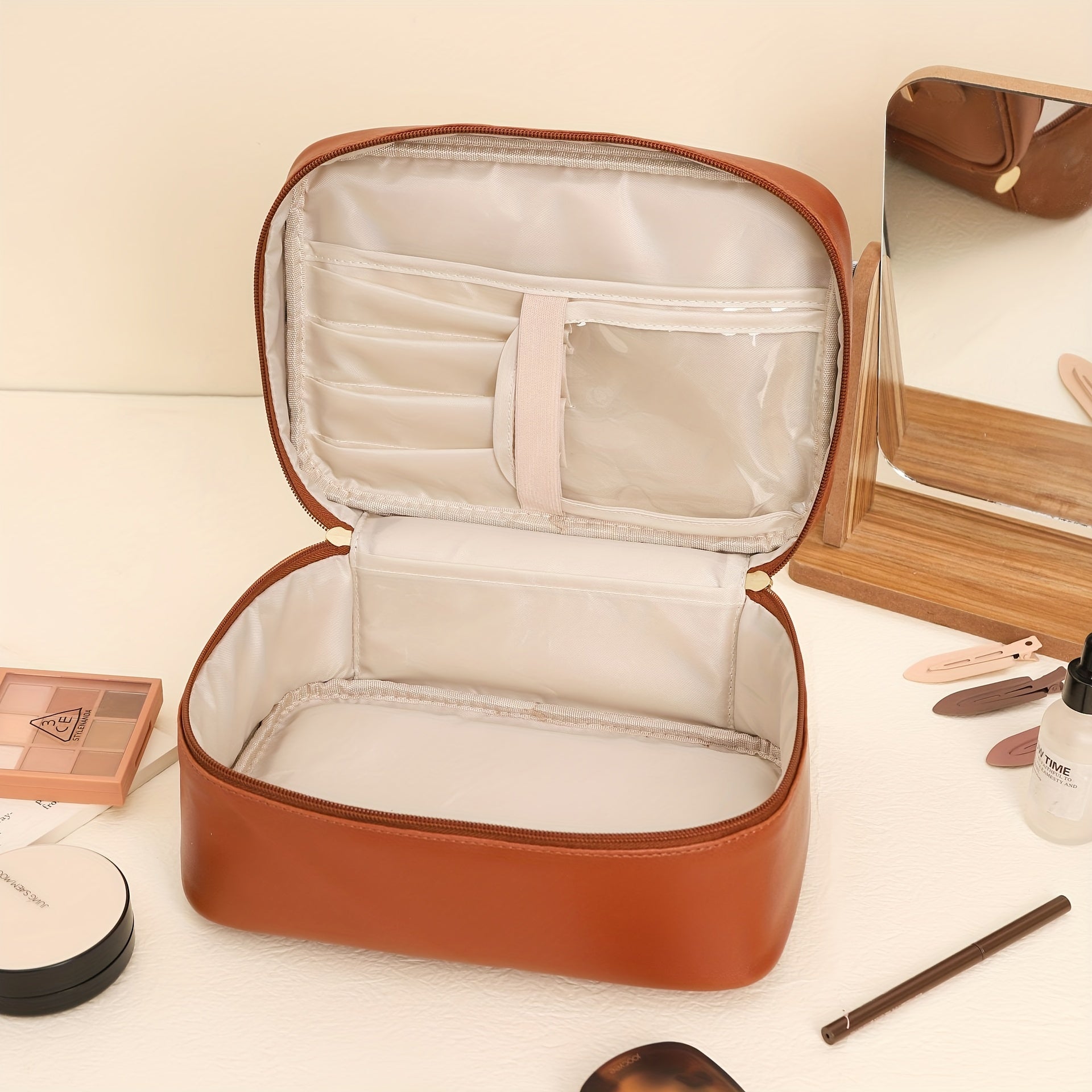 Solid Makeup Zipper Handbag All Match Storage Bag For Travel