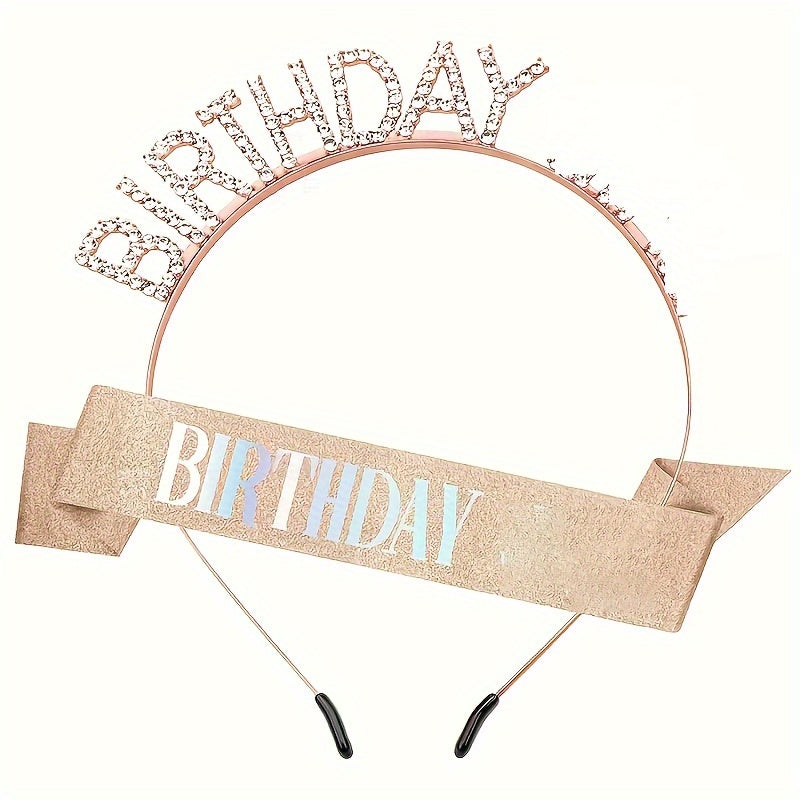 Glitter Rose Gold Birthday Sash and Crown Set