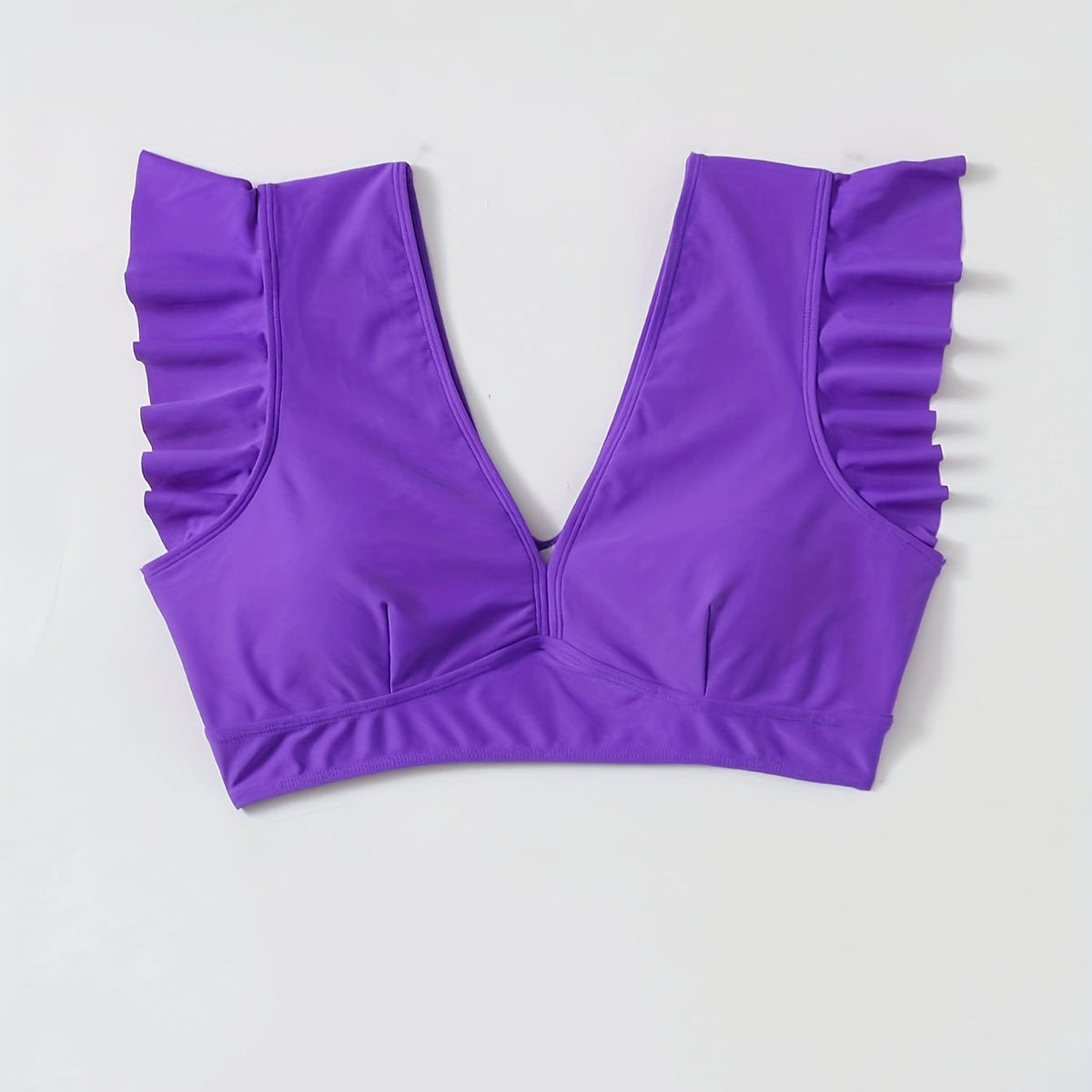  Bikini Top Solid V Neck Ruffle Trim Padded Swimwear