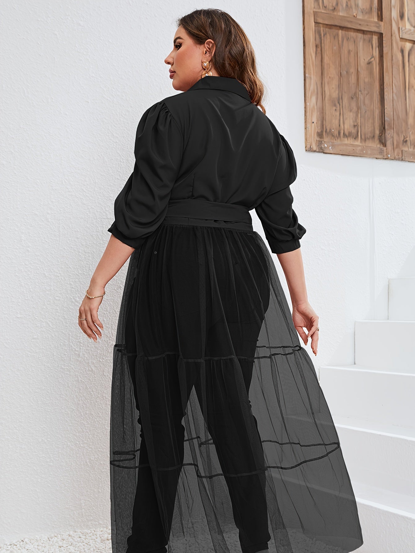  Contrast Mesh Shirt Dress
