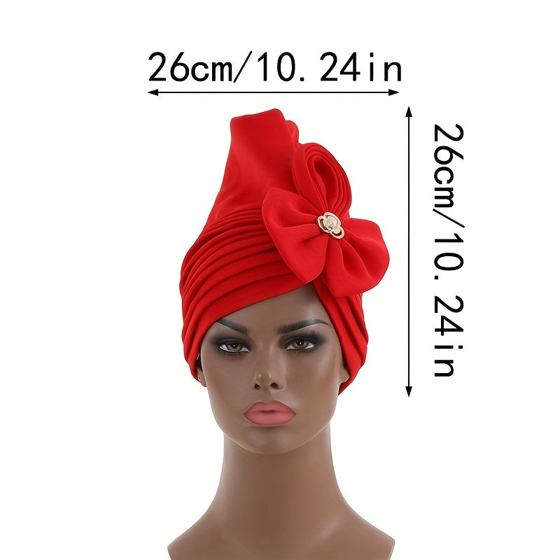 Red Pleated Turban Cap Hijab Hat with Bow