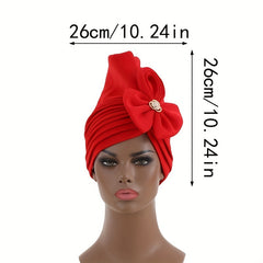 Red Pleated Turban Cap Hijab Hat with Bow