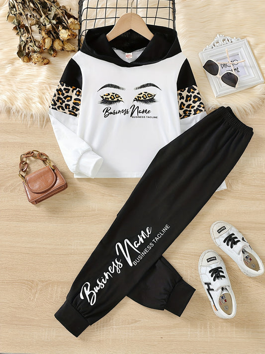 Girls Leopard Print Eyelashes Hoodie & Trousers Set