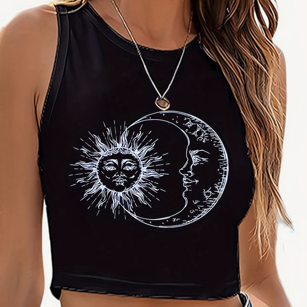 Funny Sun & Moon Graphic Crop Tank Top