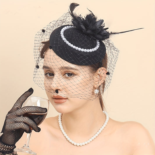Vintage Pearl Head Piece With Veil & Feather Decoration