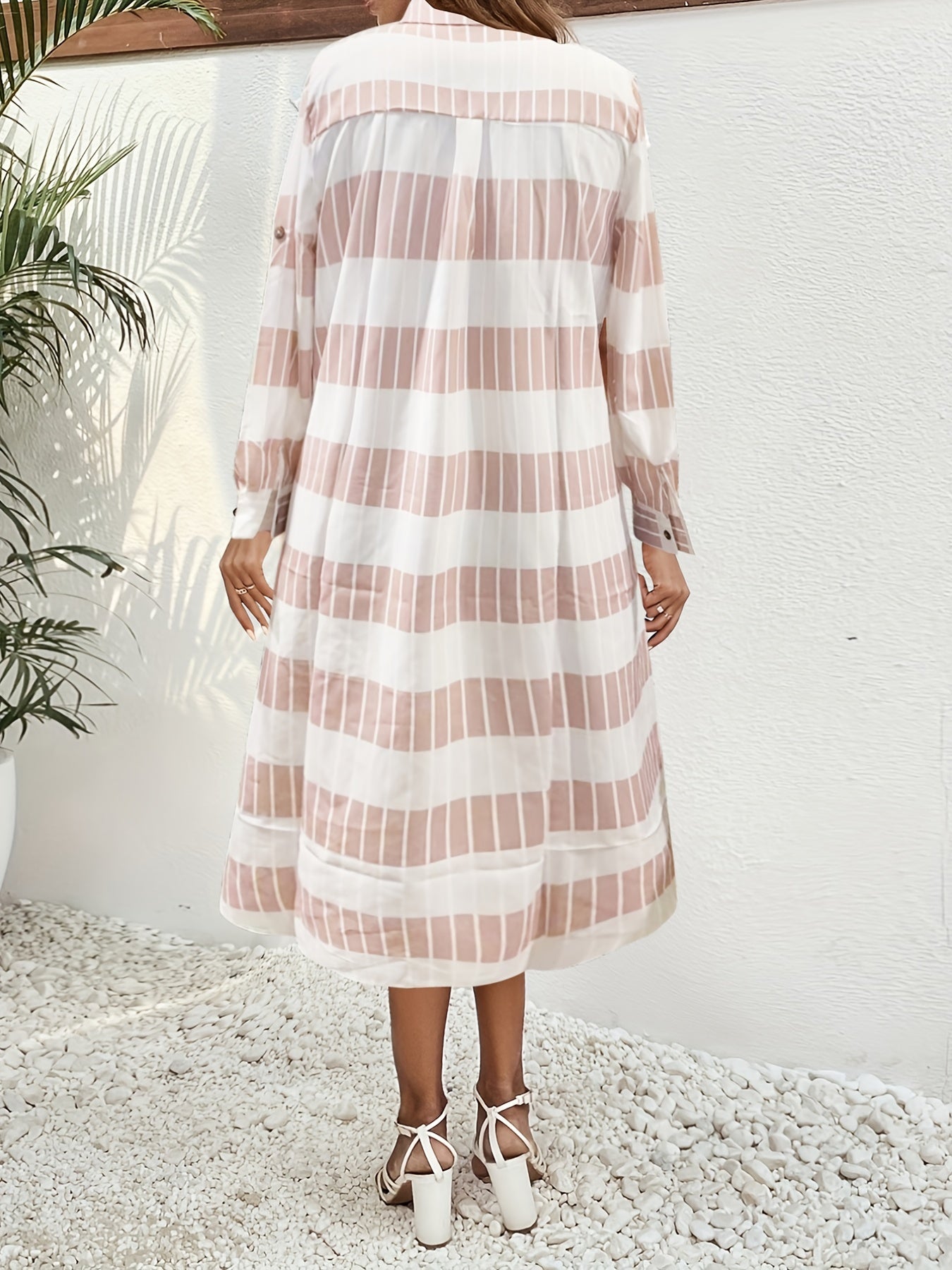  Colorblock Stripe Print Button Up Roll Sleeve Maxi Shirt Dress