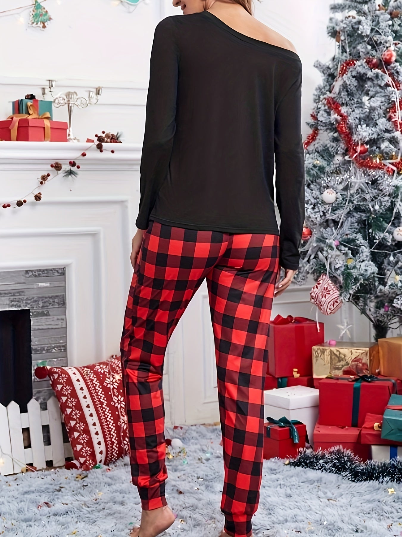 Letter & Plaid Print Lounge Set Crew Neck Top & Pants