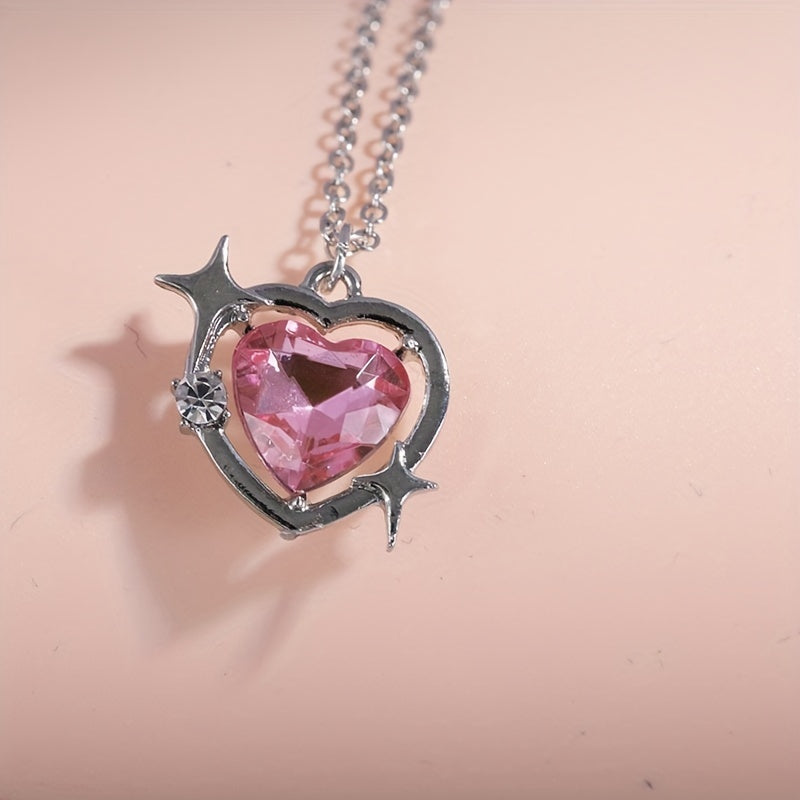 Y2K Love Heart Pendant Necklace Pink Crystal Punk Clavicle Chain