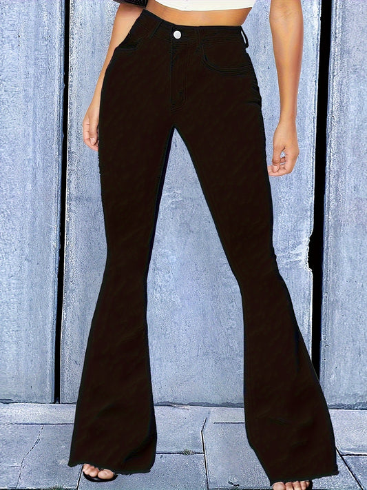 Solid Button Fly High Rise Flared Leg Jeans