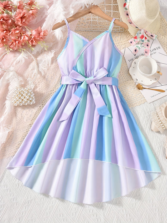 Girls' Rainbow V-Neck Dress High Low Belted Cami for Vacation Summer