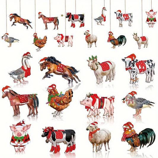 24Pcs Wooden Farm Animal Hanging Decor Christmas Tree Pendants