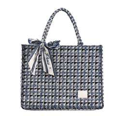 Tweed Plaid Tote Bag with Twilly Scarf Large Capacity