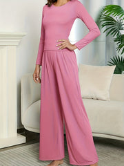 Lounge Solid 2pc Set Slim Long Sleeve T shirt & Wide Leg Pants