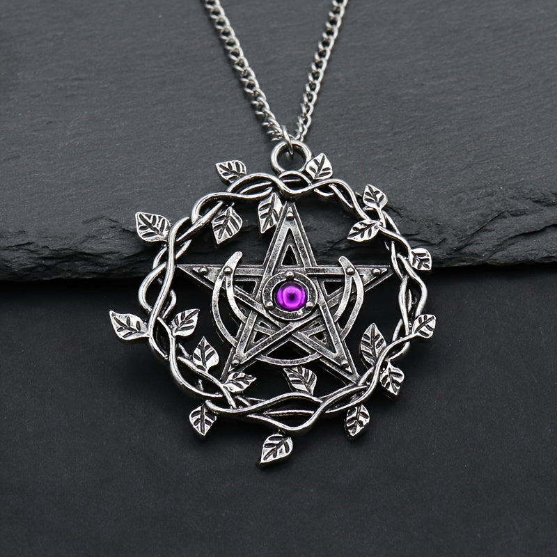 Vintage Pentagram Leaf Purple Gemstone Pendant Necklace