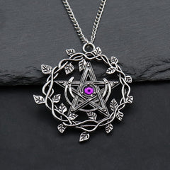 Vintage Pentagram Leaf Purple Gemstone Pendant Necklace
