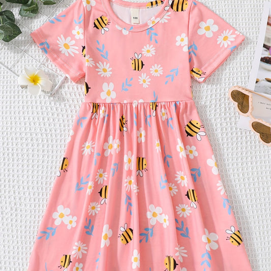 Girls' Bee And Floral Graphic Short Sleeve Skater Dress