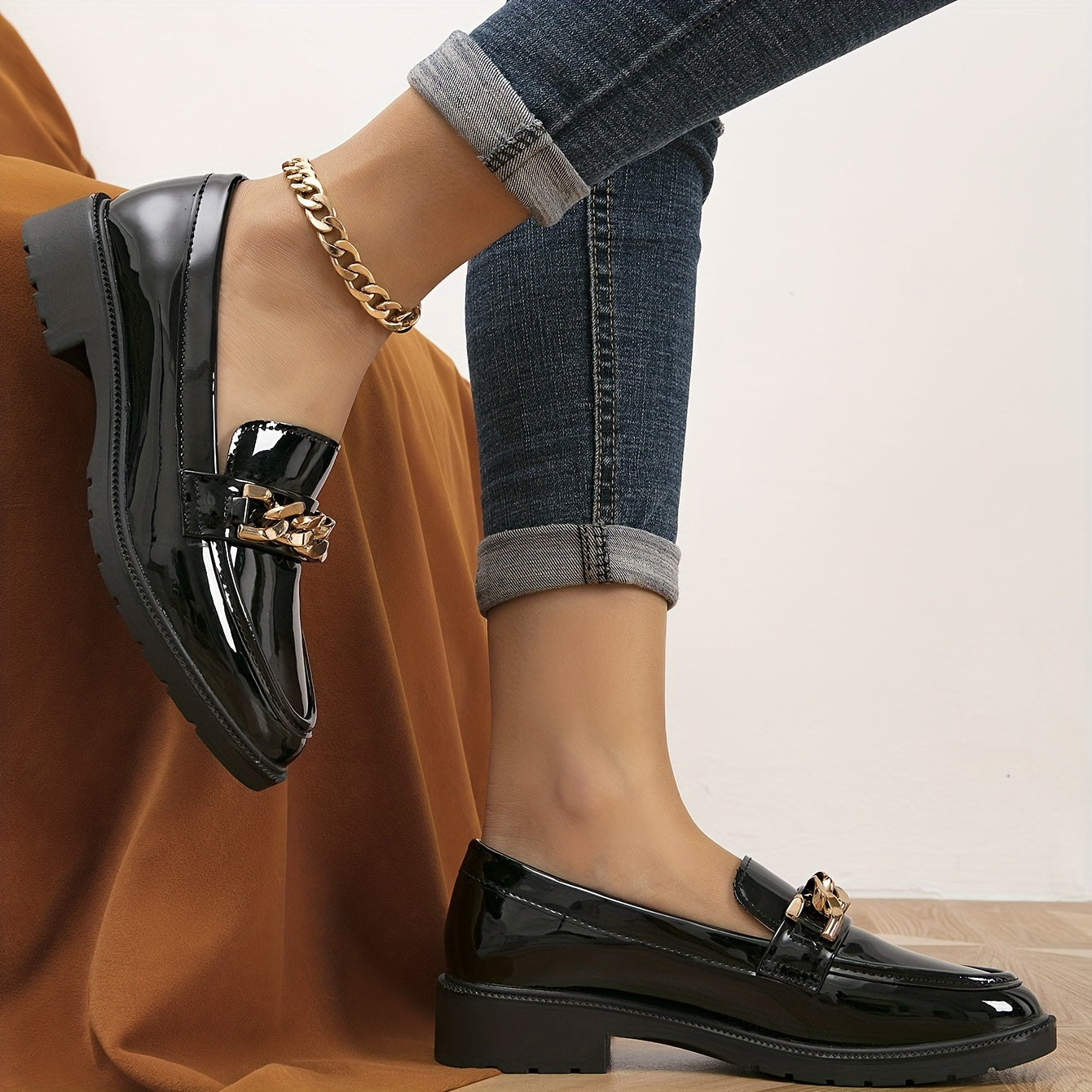 Women's Metallic Chain Decor Loafers Slip On Low Round Toe Non slip Patent Leath