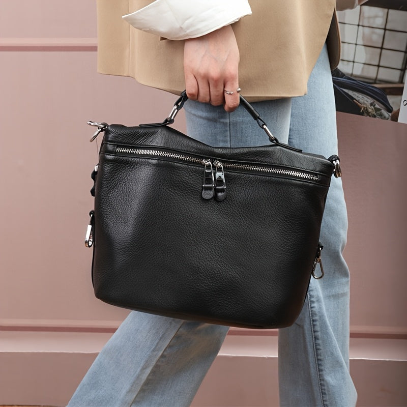 Vintage Leather Handbag Zipper Closure Adjustable Strap