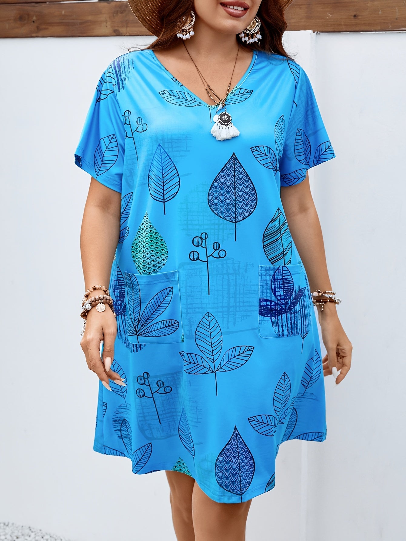  Leaf Print Short Sleeve V Neck Dress