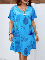  Leaf Print Short Sleeve V Neck Dress