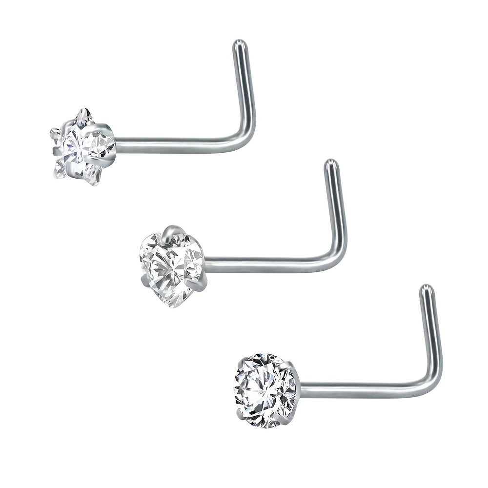 3 Pcs Heart Star Round Zircon Nose Rings Set Stainless Steel Cartilage Stud