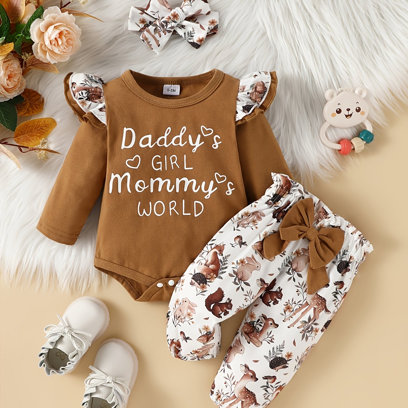 Cute Baby Girls 3 Piece Outfit Squirrel Print Ruffle Sleeve Bodysuit Pants & Hea