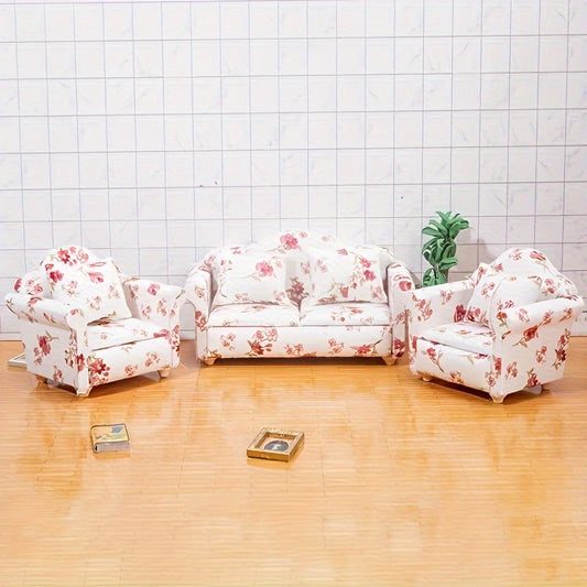 Pink Floral Mini Sofa Set with Cushions for Dollhouse