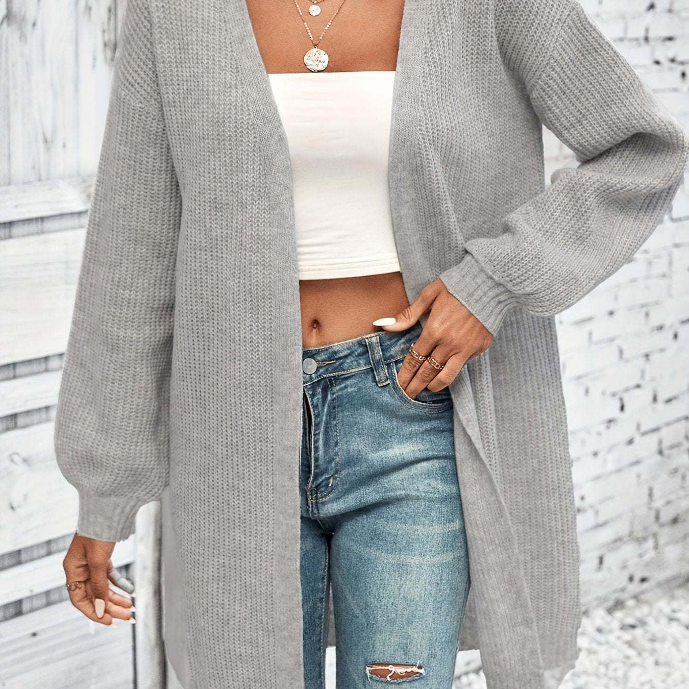 Women's Solid Long Sleeve Loose Fit Cardigan