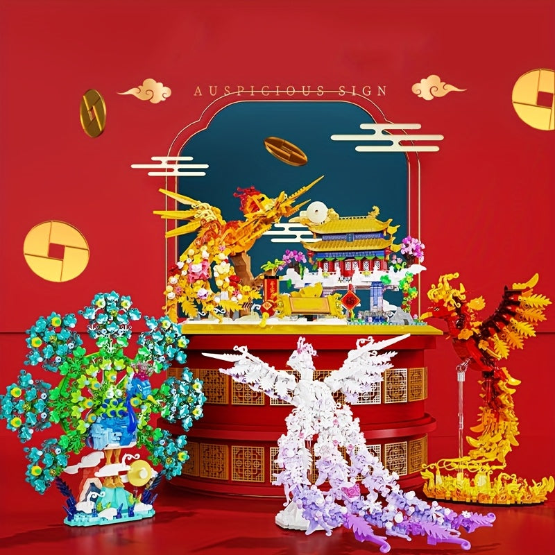 Small Particle Building Blocks Dragon and Phoenix Peacock Sailboat Luck Ornament