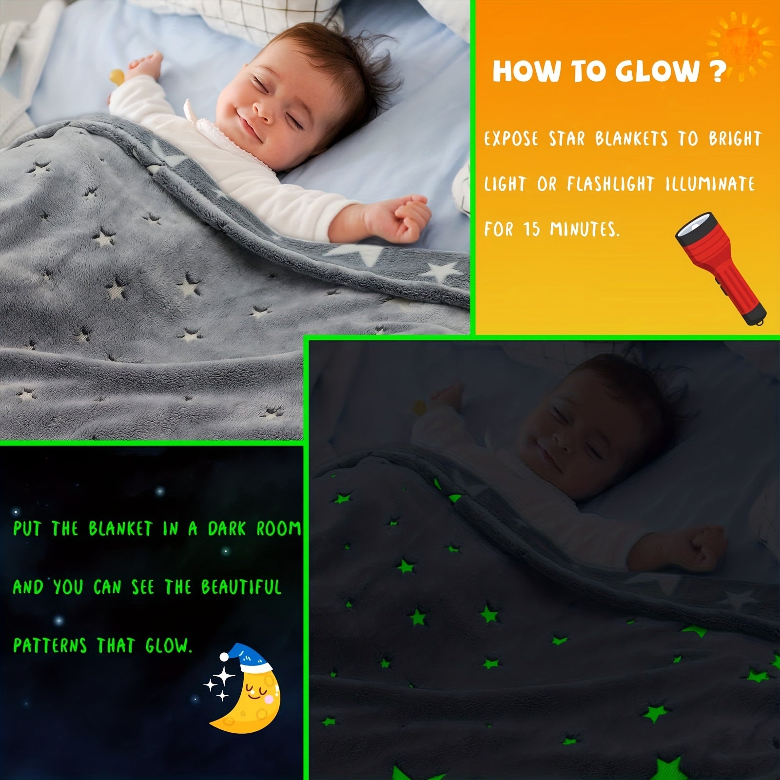 Kids Glow In The Dark Blanket Soft Cozy Warm Fuzzy Throw Blanket Gray