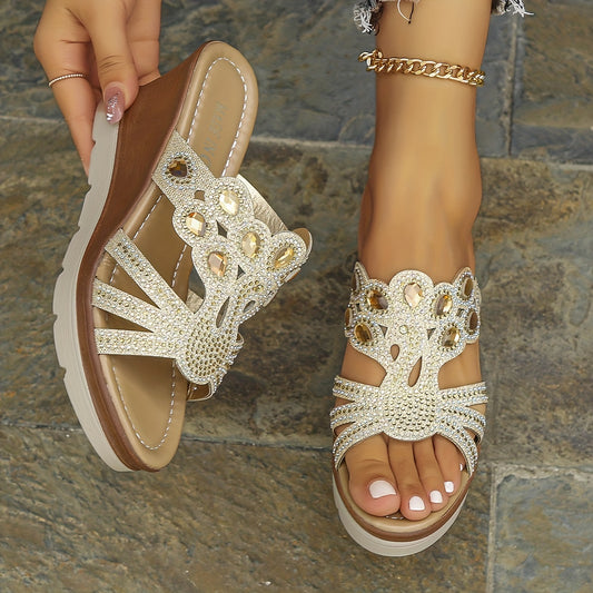 Rhinestone Wedge Sandals Cutout Platform Comfortable Summer Shoes