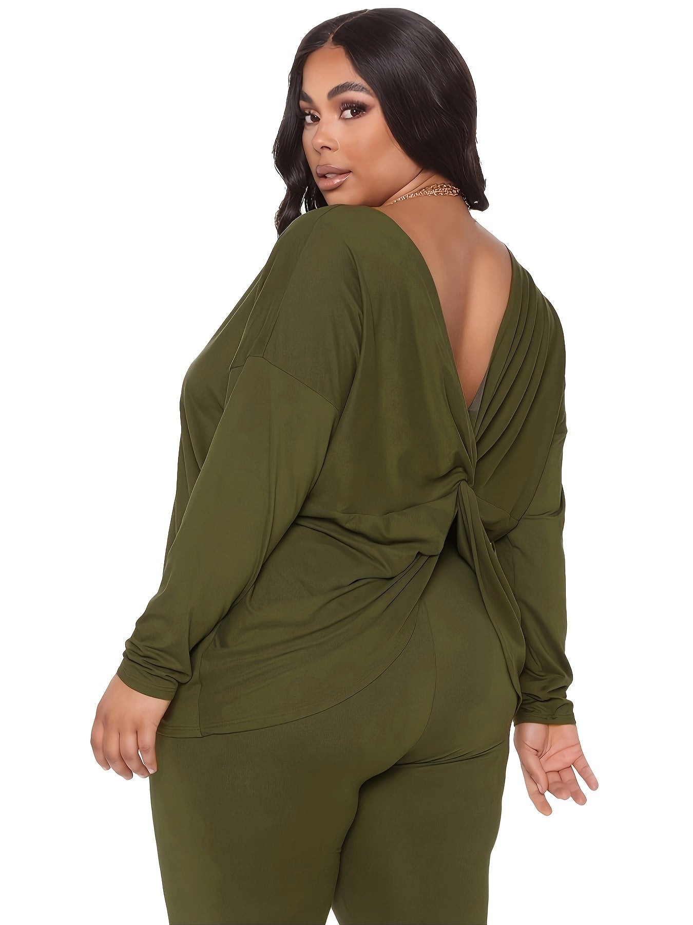 Plus Size Sexy Outfits Set V Neck Twist Back Top & Leggings Two Piece Set