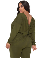 Plus Size Sexy Outfits Set V Neck Twist Back Top & Leggings Two Piece Set