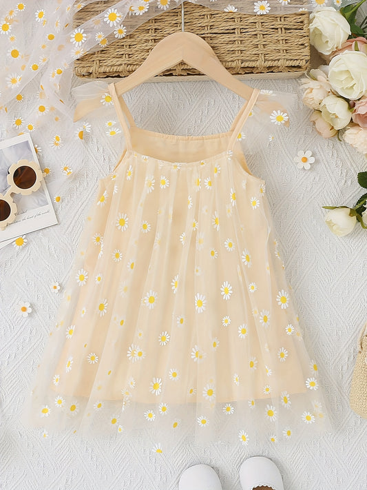 Girls' Daisy Flowers Print Tulle Cami Dress Summer Outfit