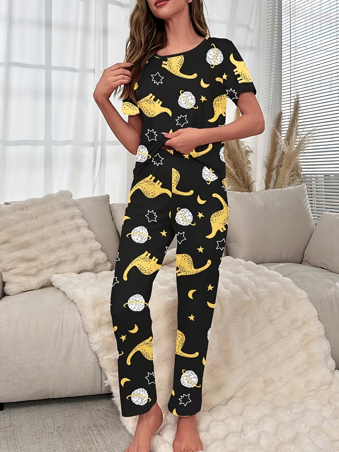 Dinosaur Print Pajama Set Short Sleeve Crew Neck Top & Elastic Waistband Pants
