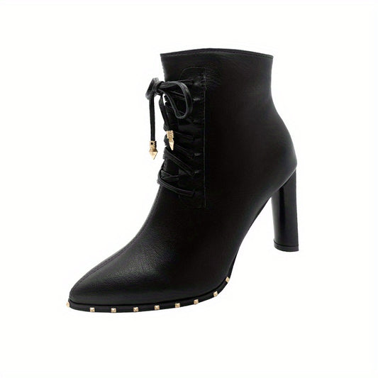 Women's Point Toe Lace Up Block Heeled Boots