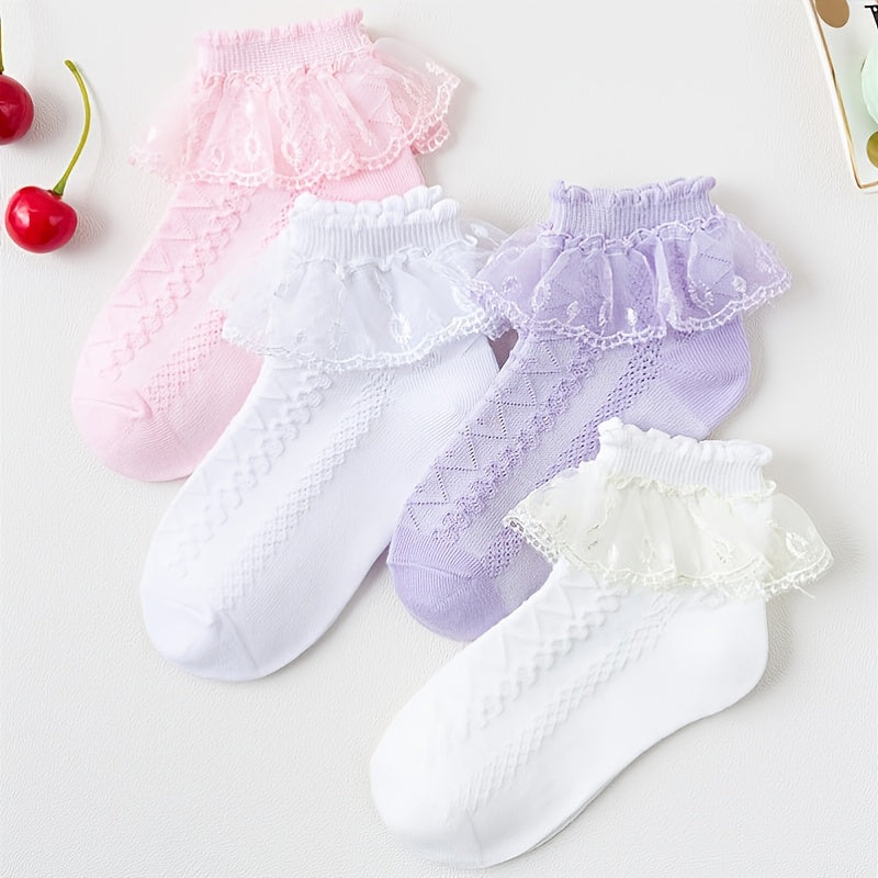 Girls Ruffle Lace Trim Ankle Cotton Socks, 4 Pairs