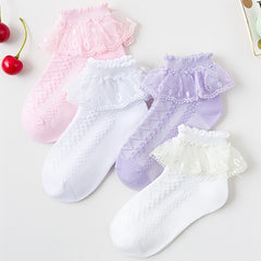 Girls Ruffle Lace Trim Ankle Cotton Socks, 4 Pairs