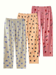 3 Pack Women's Plus Heart & Strawberry Print Sleep Bottoms