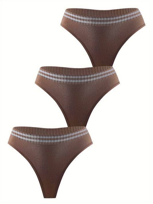 3 Pack Plus Size Striped Thongs - High Stretch Soft Panties Set