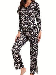 Leopard Print Lounge Set Lace Trim V Neck Top & Pants Women's Loungewear