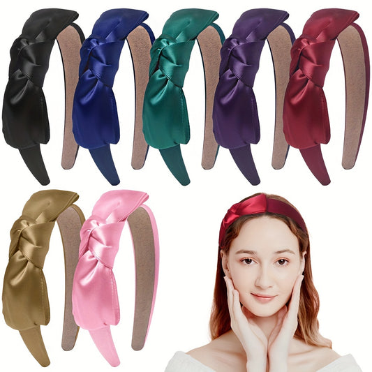 Vintage Bow Decor Headband Satin Head Hoop Solid Headdress Silky Hair Band Hair