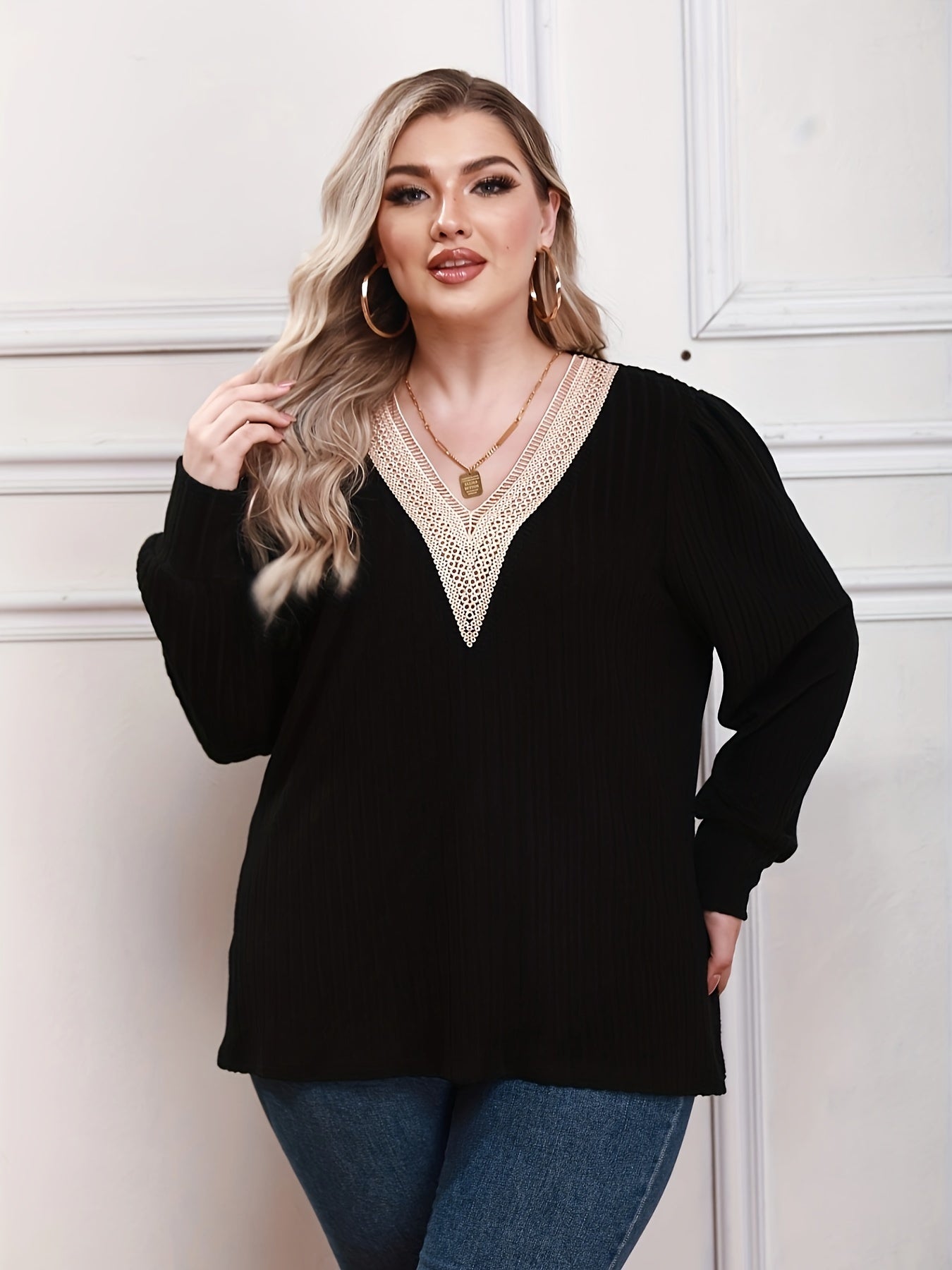  Colorblock Lace Long Sleeve V Neck Sweater