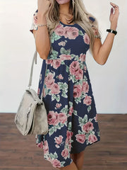  Floral Print Short Sleeve Ruched Dress