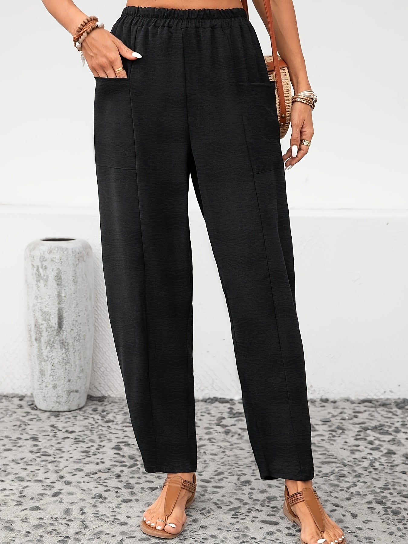  Solid Textured High Rise Loose Fit Trousers With Pockets