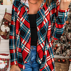  Plaid Print Hooded Cardigan