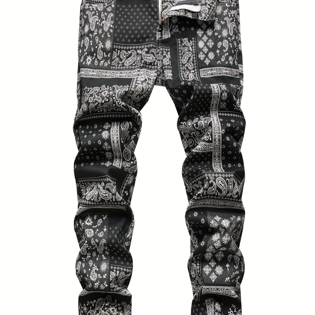 Paisley & Floral Pattern Slim Fit Jeans Men's Street Style Denim Pants